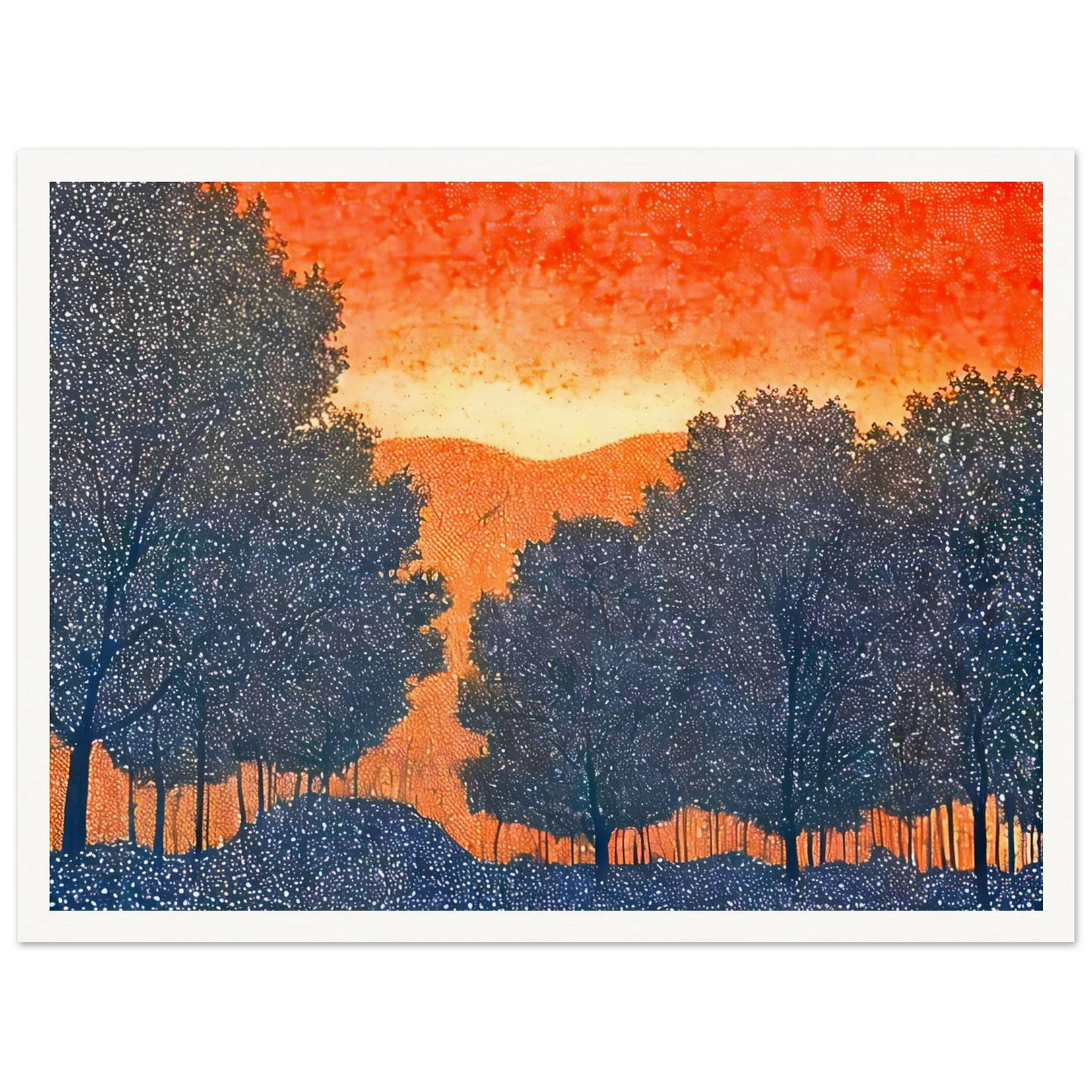 Silhouettes of trees in deep blue frame a vivid orange sky, evoking a fiery sunset over quiet hills dotted with tiny white specks.