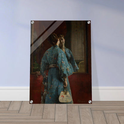 Woman in a blue floral kimono faces a mirror, holding a fan against a dark red interior.