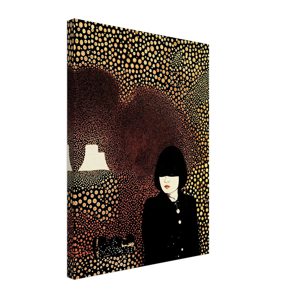 Artistic portrait of a woman in a black outfit surrounded by a background of golden circular patterns with a glowing lamp.