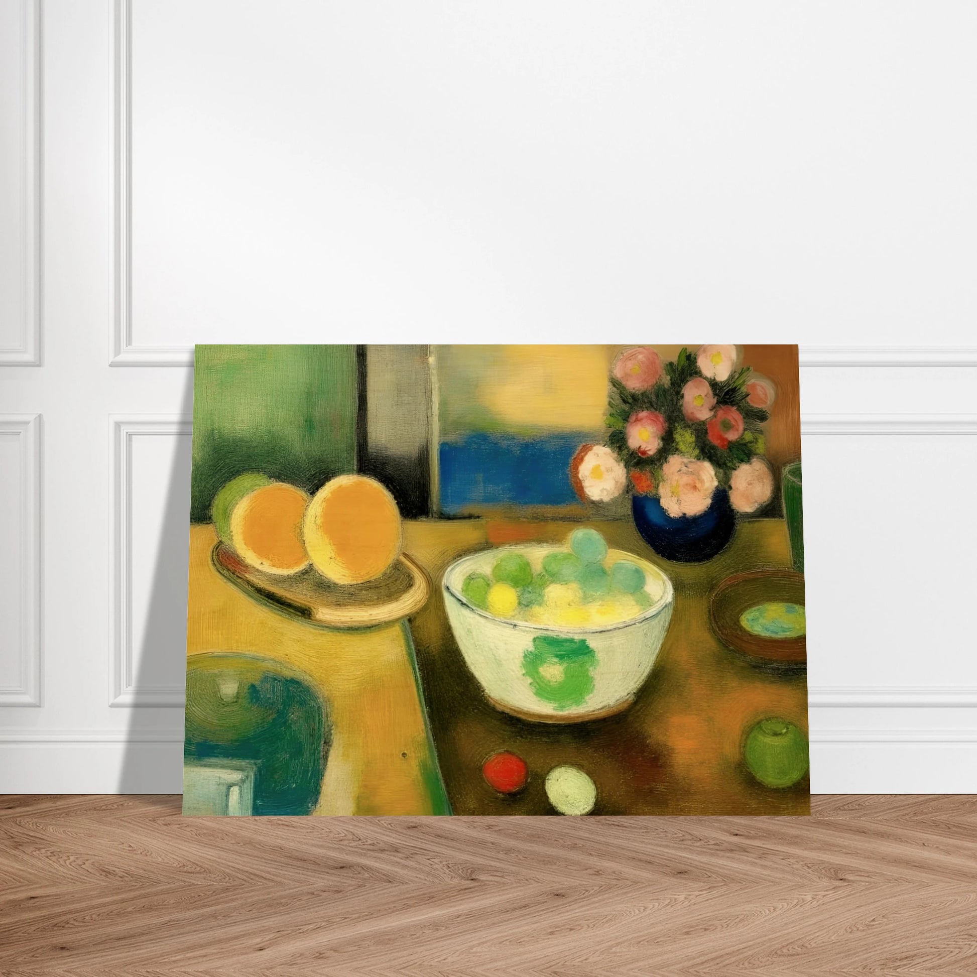 Golden citrus, pastel fruit, and fresh blooms rest on a sunlit table, creating a warm scene of everyday abundance.