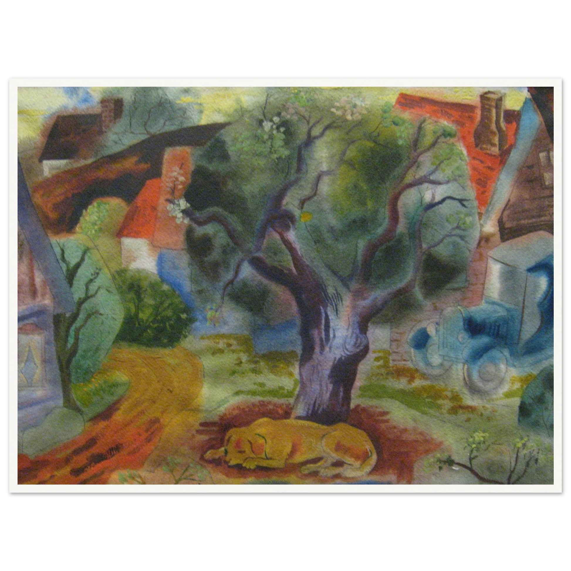 A yellow dog sleeps beneath a twisting tree beside village houses, a winding road, and a blue vintage car.