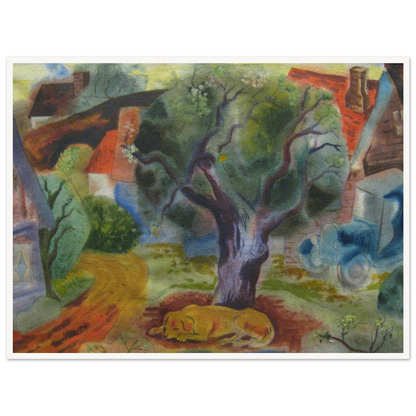 A yellow dog sleeps beneath a twisting tree beside village houses, a winding road, and a blue vintage car.