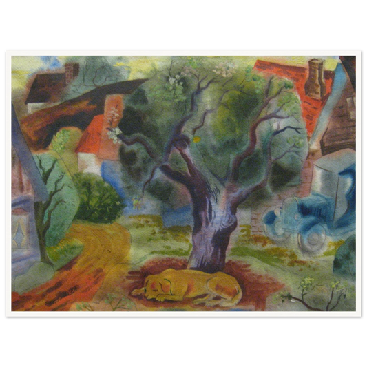 A yellow dog sleeps beneath a twisting tree beside village houses, a winding road, and a blue vintage car.