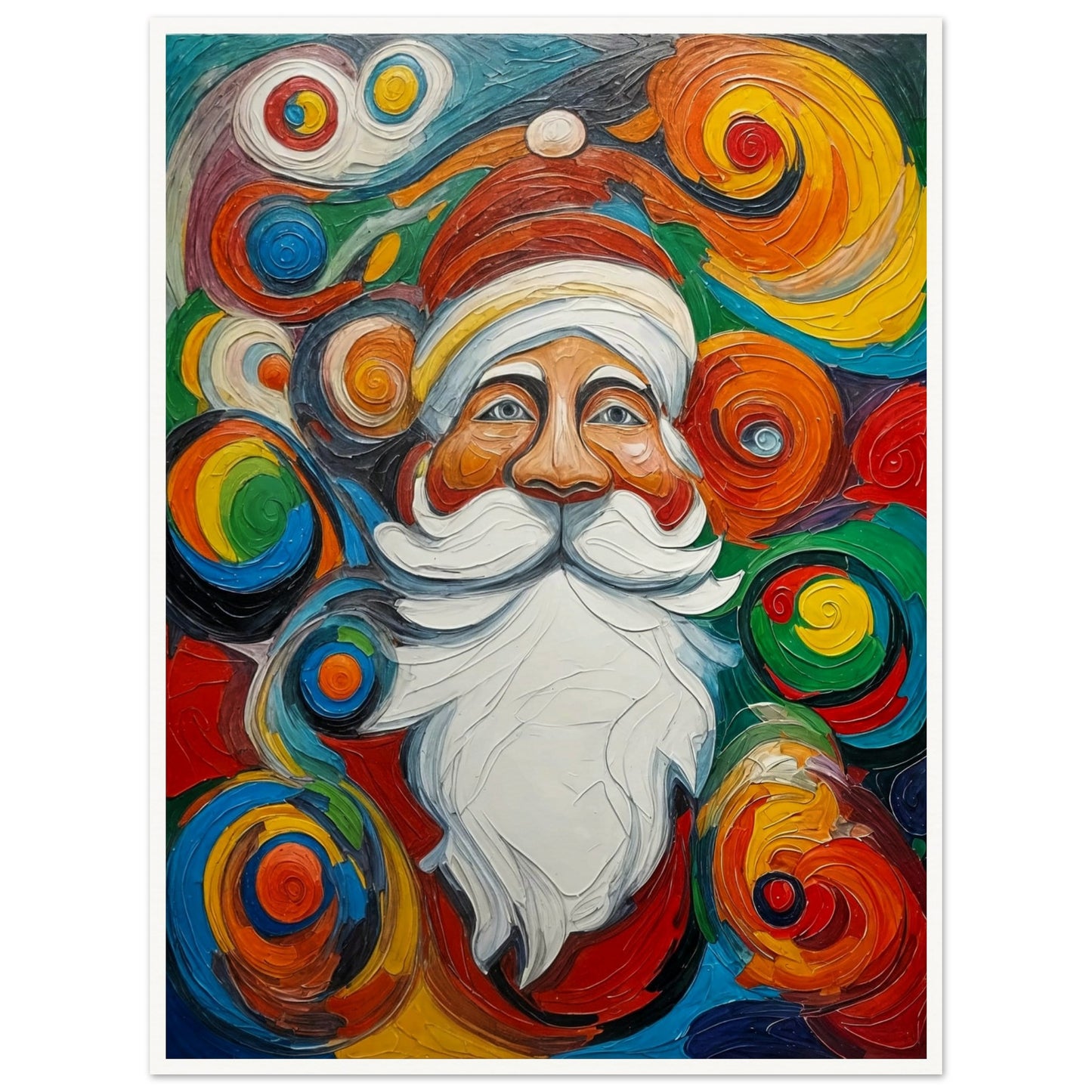 A vibrant and whimsical painting of Santa Claus surrounded by colorful swirling patterns, evoking a cheerful holiday spirit.