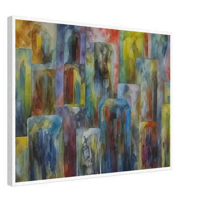 A vibrant abstract painting of a cityscape with multicolored buildings. The artwork features tall, rectangular shapes in a variety of hues, blending seamlessly to create a dynamic urban scene.