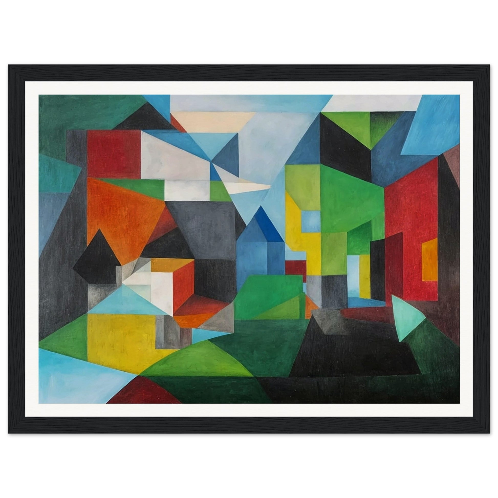 Abstract painting with vibrant geometric shapes forming a village-like scene with houses and landscapes.