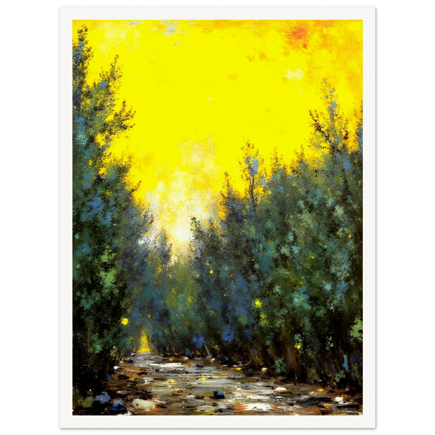 A glowing yellow sky illuminates a narrow forest path lined with lush green trees and scattered stones in soft sunlight.