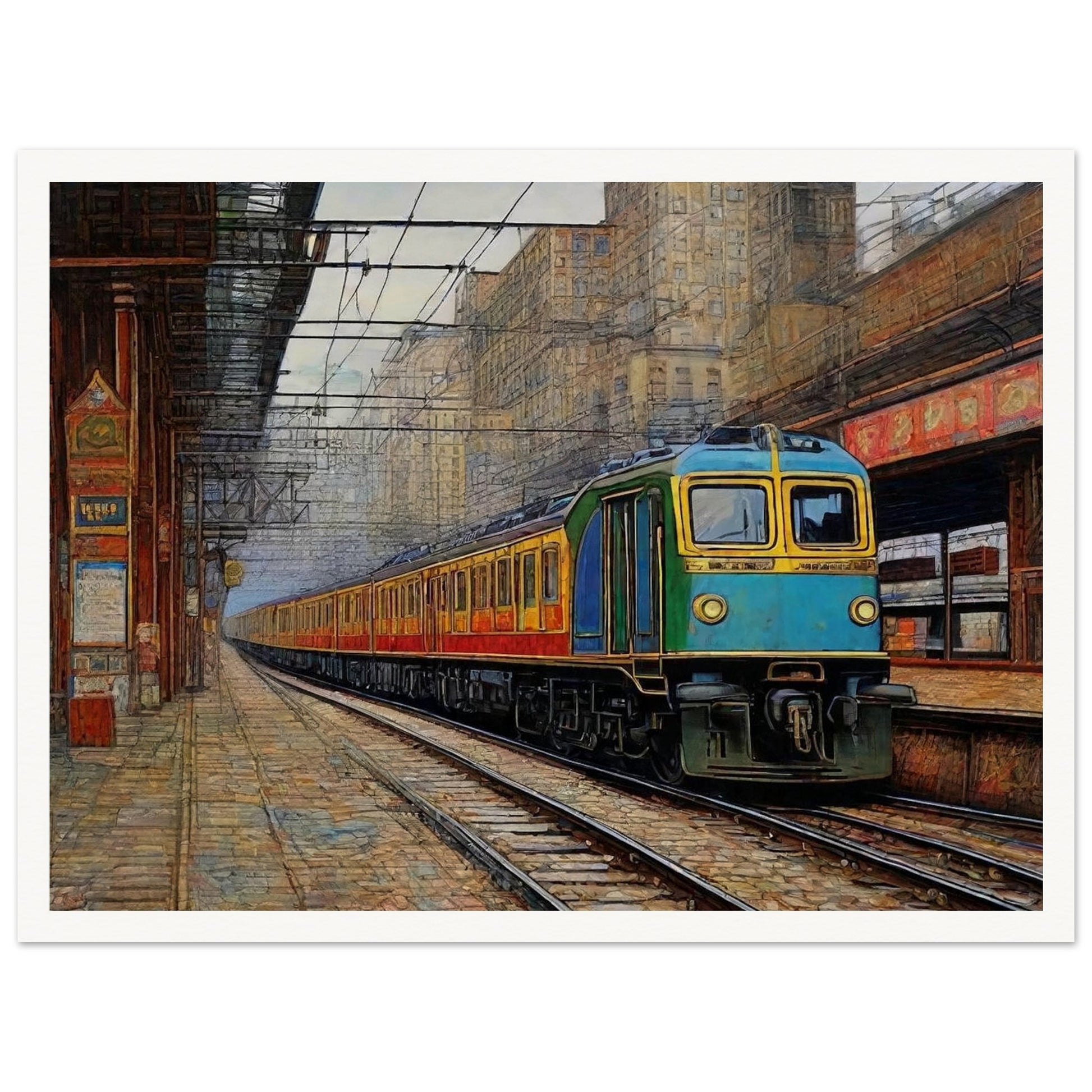 "A detailed painting of a train arriving at an urban station, set against the backdrop of tall buildings and intricate overhead wires, capturing the bustling city atmosphere."