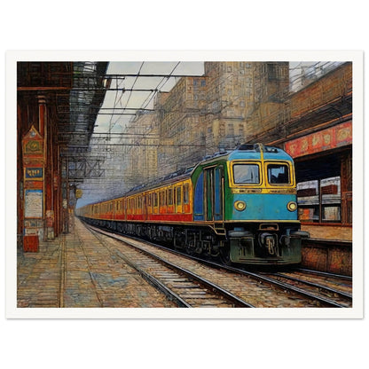 "A detailed painting of a train arriving at an urban station, set against the backdrop of tall buildings and intricate overhead wires, capturing the bustling city atmosphere."