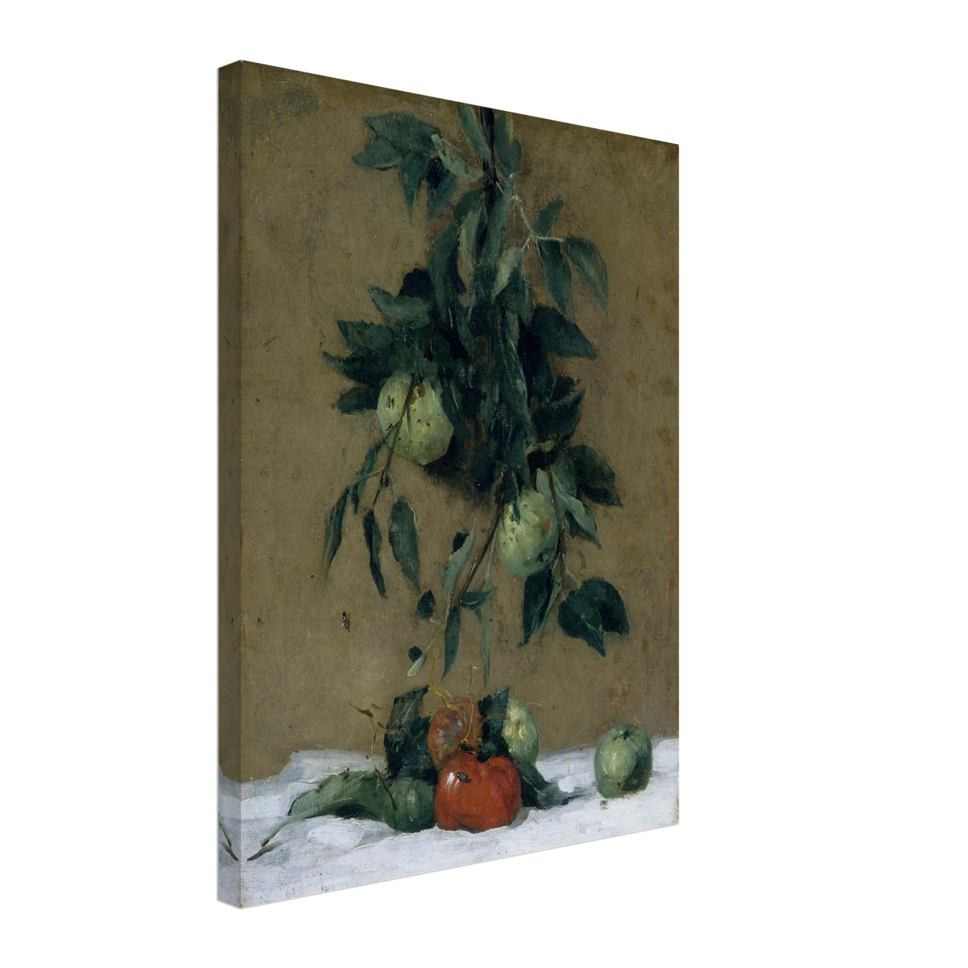 Apples and leaves hang above red fruit on a white cloth in a muted still life