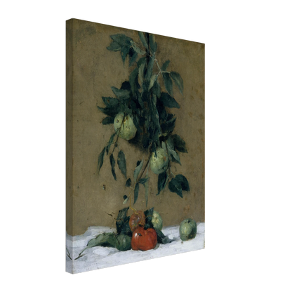 Apples and leaves hang above red fruit on a white cloth in a muted still life
