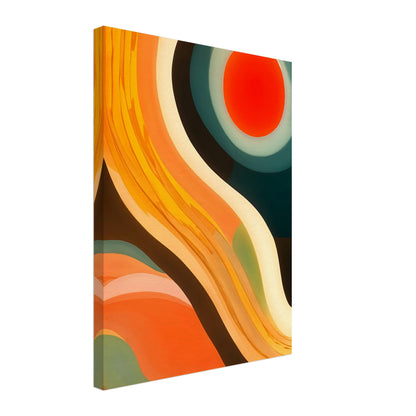 An abstract artwork featuring bold, flowing curves in shades of orange, yellow, and teal, with a vibrant red circular sun at the top.