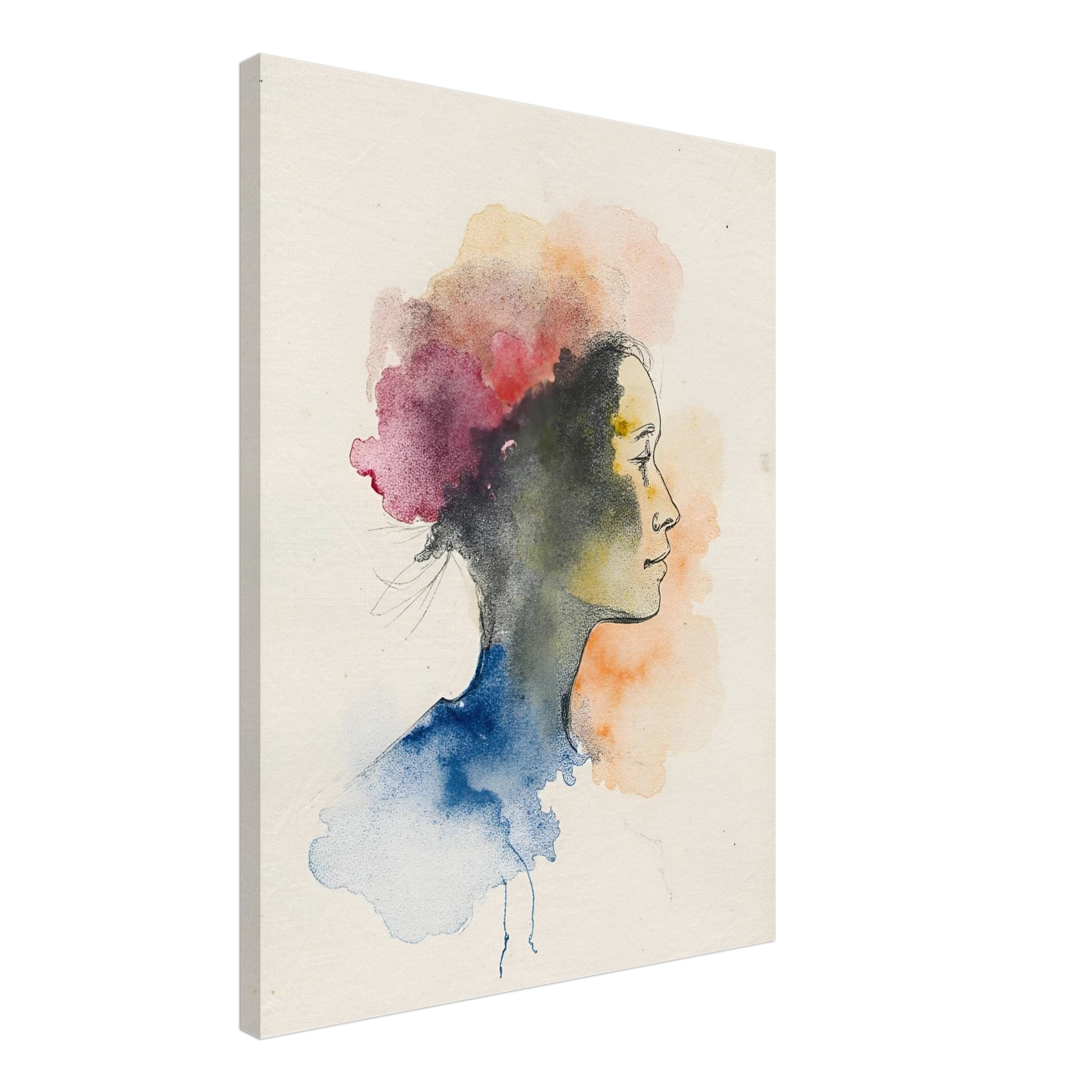 Side profile of a woman formed by delicate watercolor clouds in blue, pink, and orange, merging softly on cream paper.