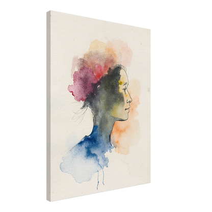 Side profile of a woman formed by delicate watercolor clouds in blue, pink, and orange, merging softly on cream paper.