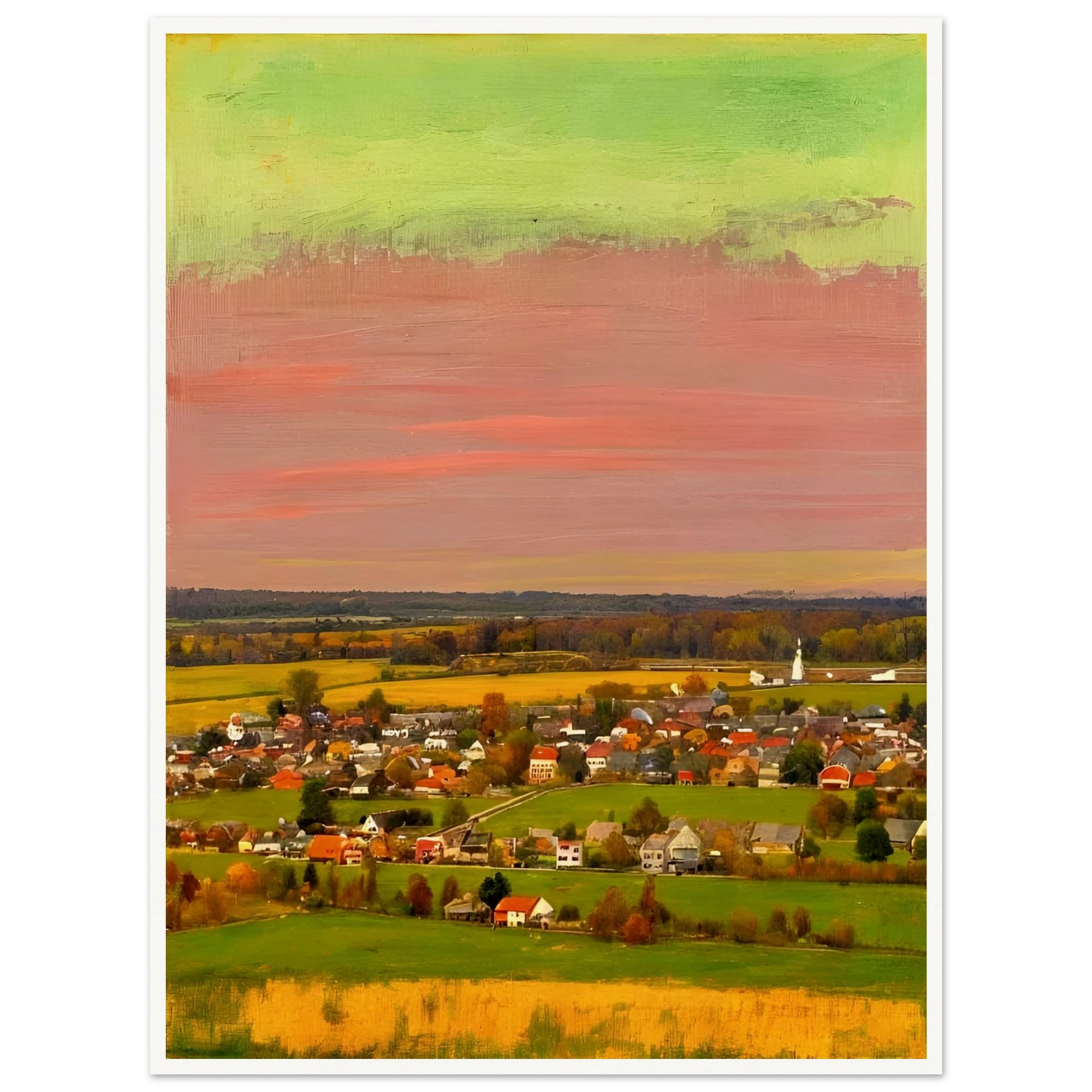 Sunset-lit village landscape with vivid pink, green, and yellow skies over fields and houses.