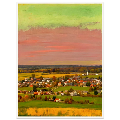 Sunset-lit village landscape with vivid pink, green, and yellow skies over fields and houses.