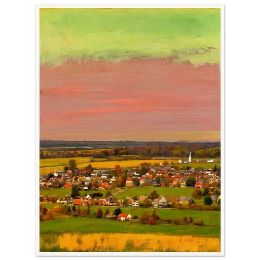 Sunset-lit village landscape with vivid pink, green, and yellow skies over fields and houses.