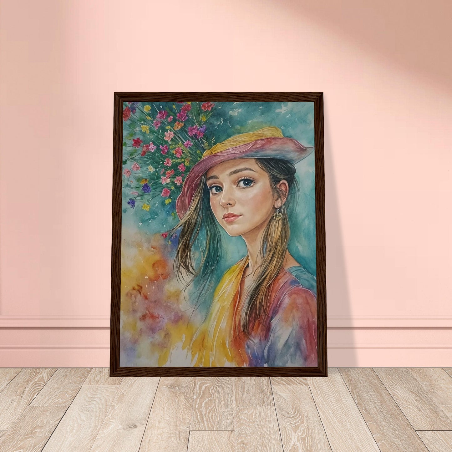 A young woman in a colorful hat gazes softly, with vibrant spring flowers blooming behind her, capturing the essence of youth and nature.