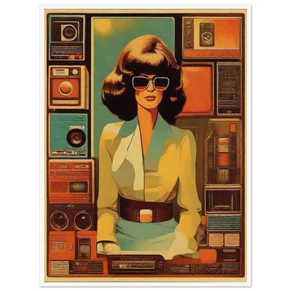 A stylish woman with large sunglasses stands in front of a backdrop filled with vintage radios and cassette players, evoking a retro vibe.