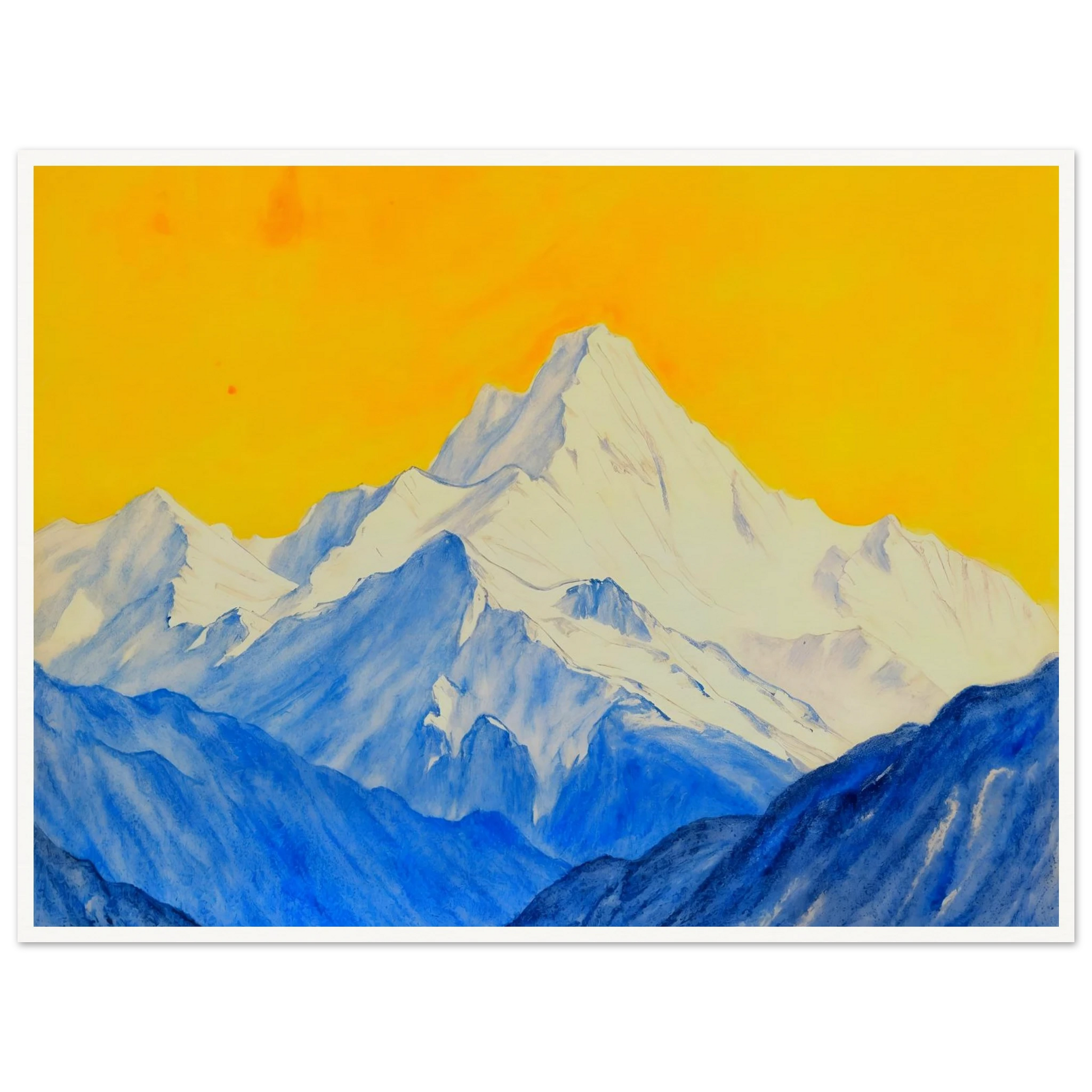 Snowy blue mountain ranges rise beneath a brilliant golden sky, blending icy grandeur with vivid warmth.