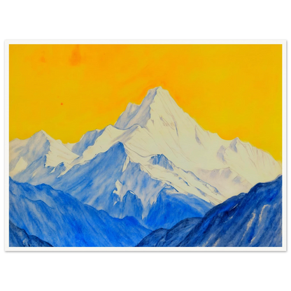 Snowy blue mountain ranges rise beneath a brilliant golden sky, blending icy grandeur with vivid warmth.