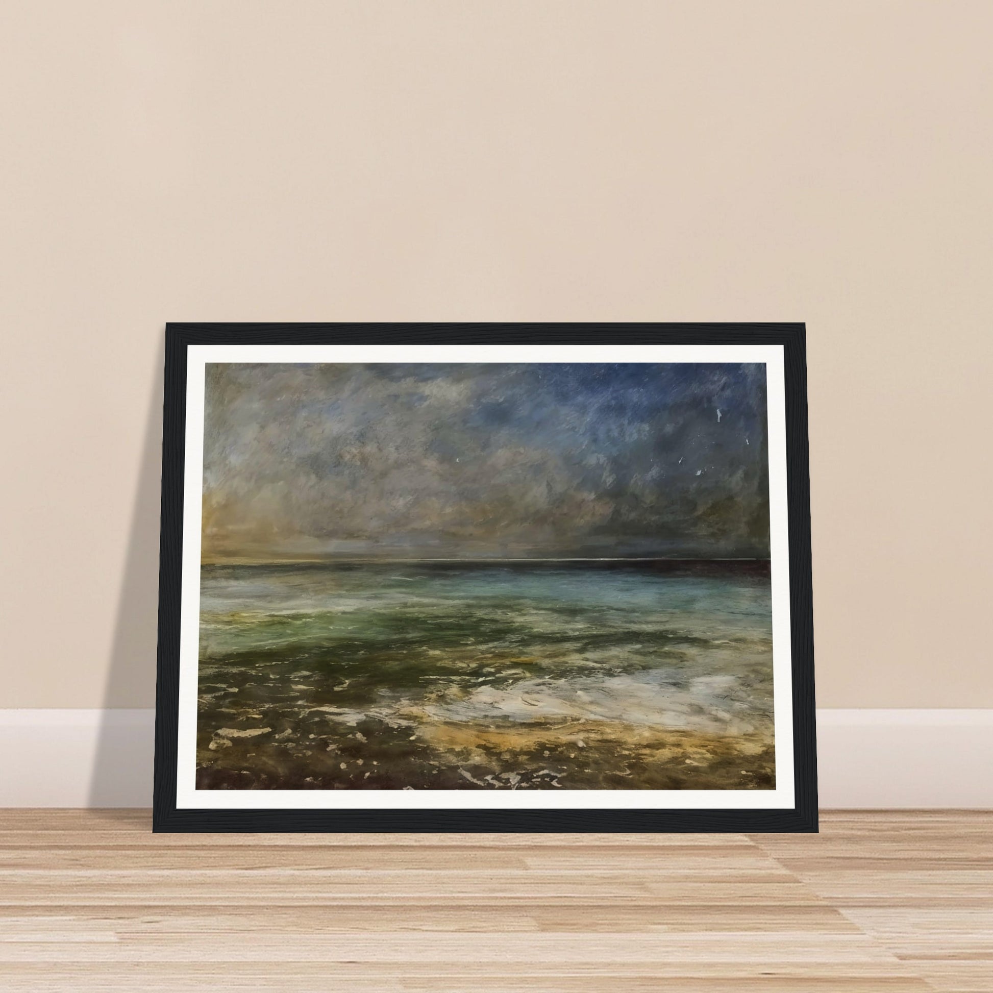 A calm sea under a moody sky, with soft waves rolling onto the shore, capturing the peaceful yet dynamic nature of the ocean.