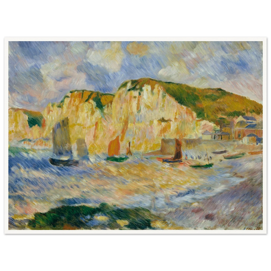 Bright seaside cliffs with sailboats on the water under a blue sky