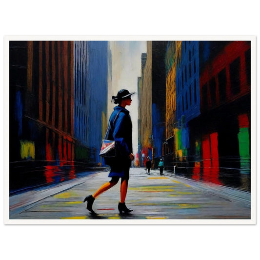 A vibrant painting of a woman walking through a colorful city street, with towering buildings and reflective surfaces.