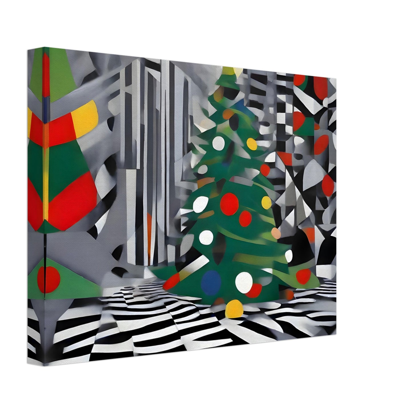 An abstract holiday scene featuring geometric Christmas trees with vibrant ornaments, set against a monochromatic patterned background.