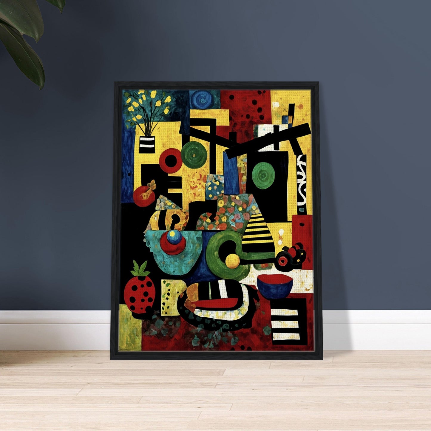 A vibrant cubist-style painting featuring geometric shapes, colorful fruit, abstract objects, and bold patterns in red, yellow, green, and blue.