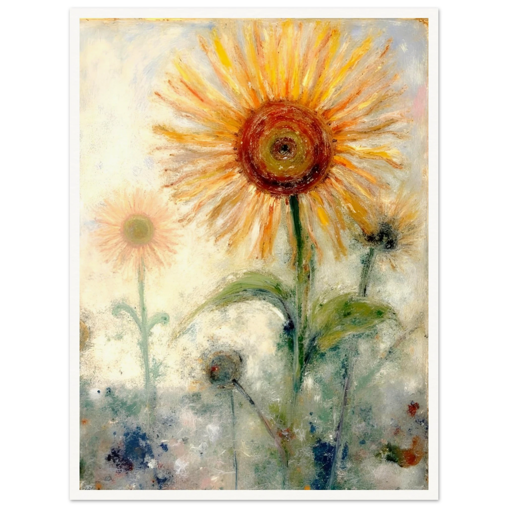 A luminous sunflower radiates warmth and hope, its golden petals glowing softly against a misty pastel background.