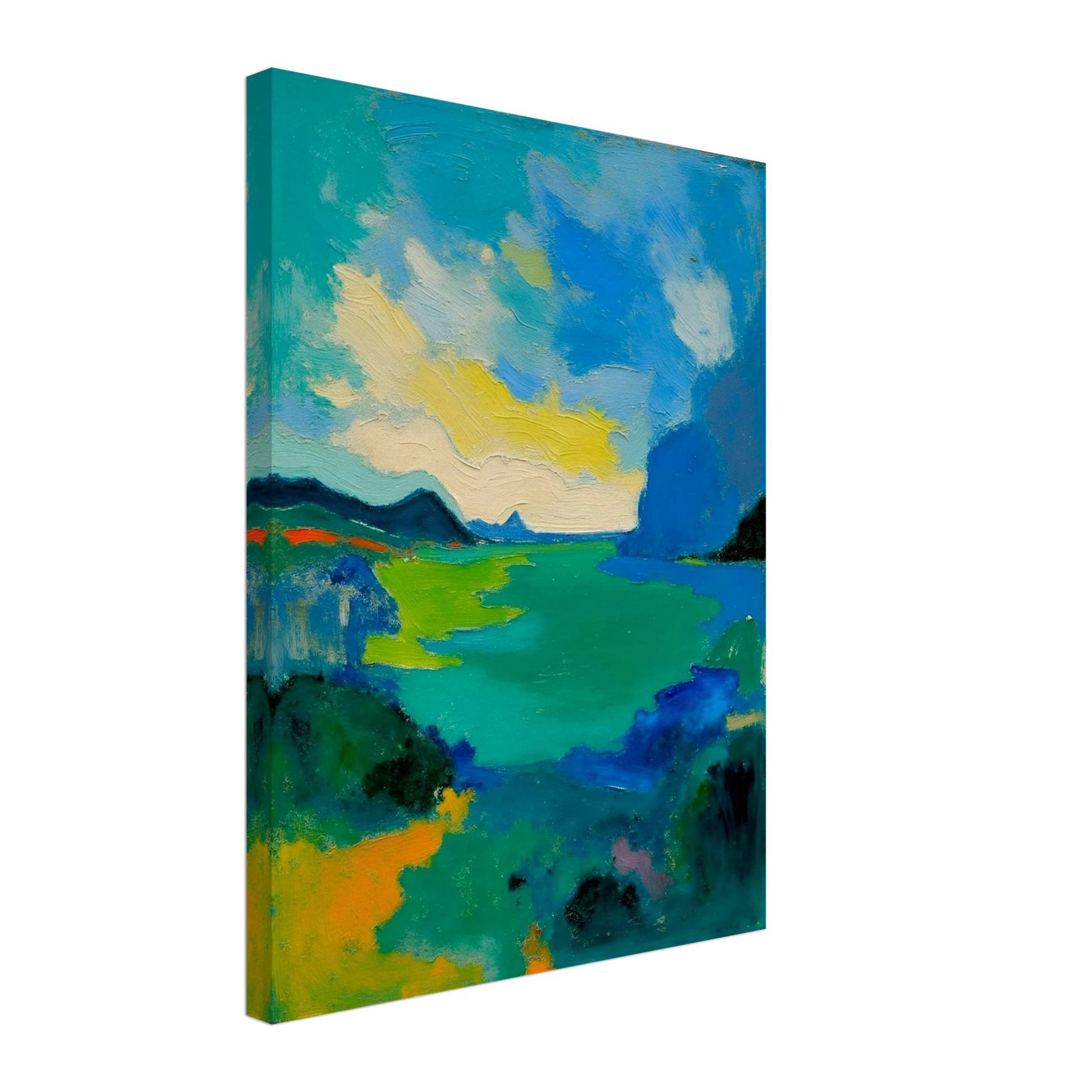 Vivid turquoise waters stretch beneath sweeping blue skies, framed by dark hills and glowing green shorelines.