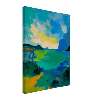 Vivid turquoise waters stretch beneath sweeping blue skies, framed by dark hills and glowing green shorelines.