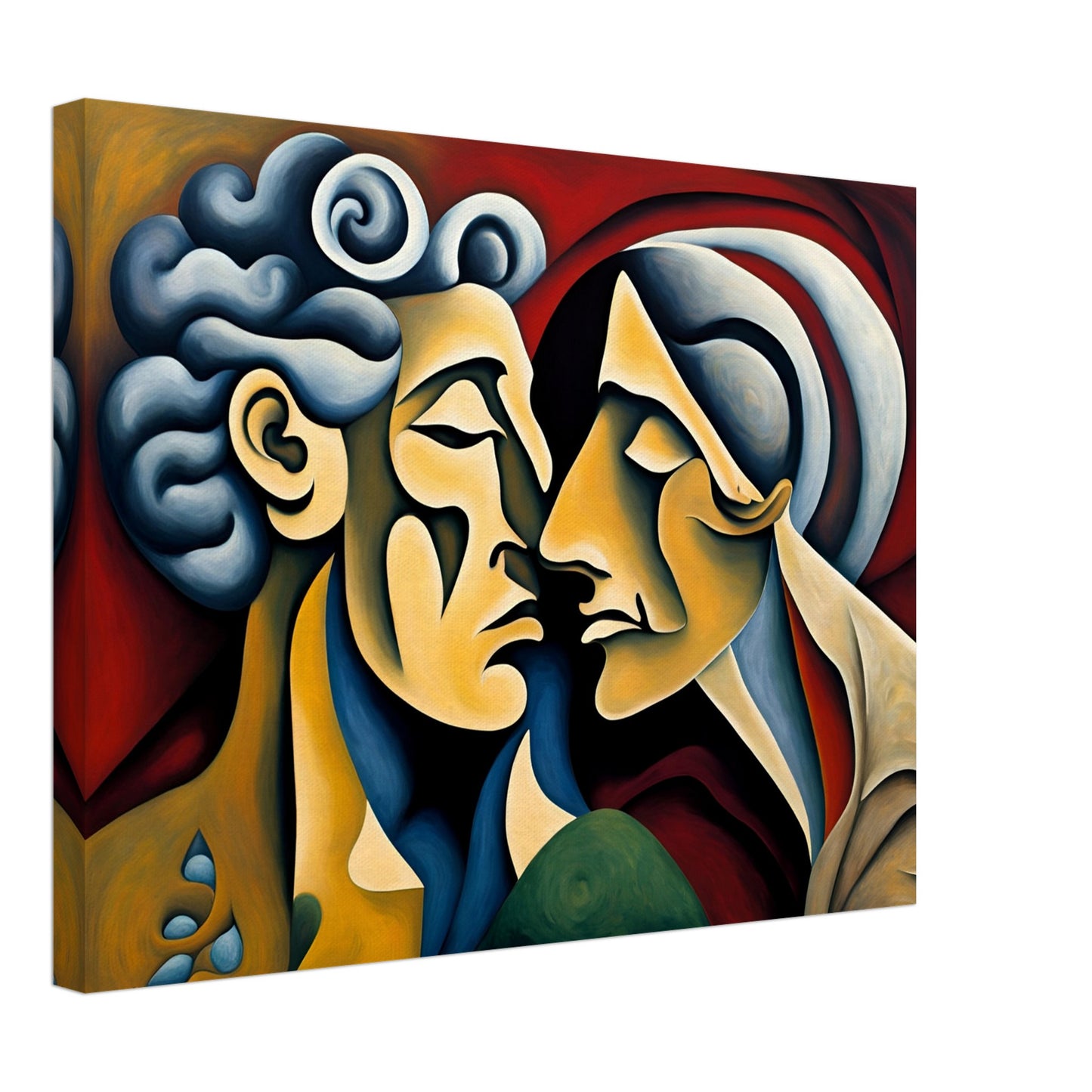 A captivating expressionist painting of two faces nearly touching, their forms blending in warm tones against a rich red background.