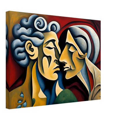 A captivating expressionist painting of two faces nearly touching, their forms blending in warm tones against a rich red background.