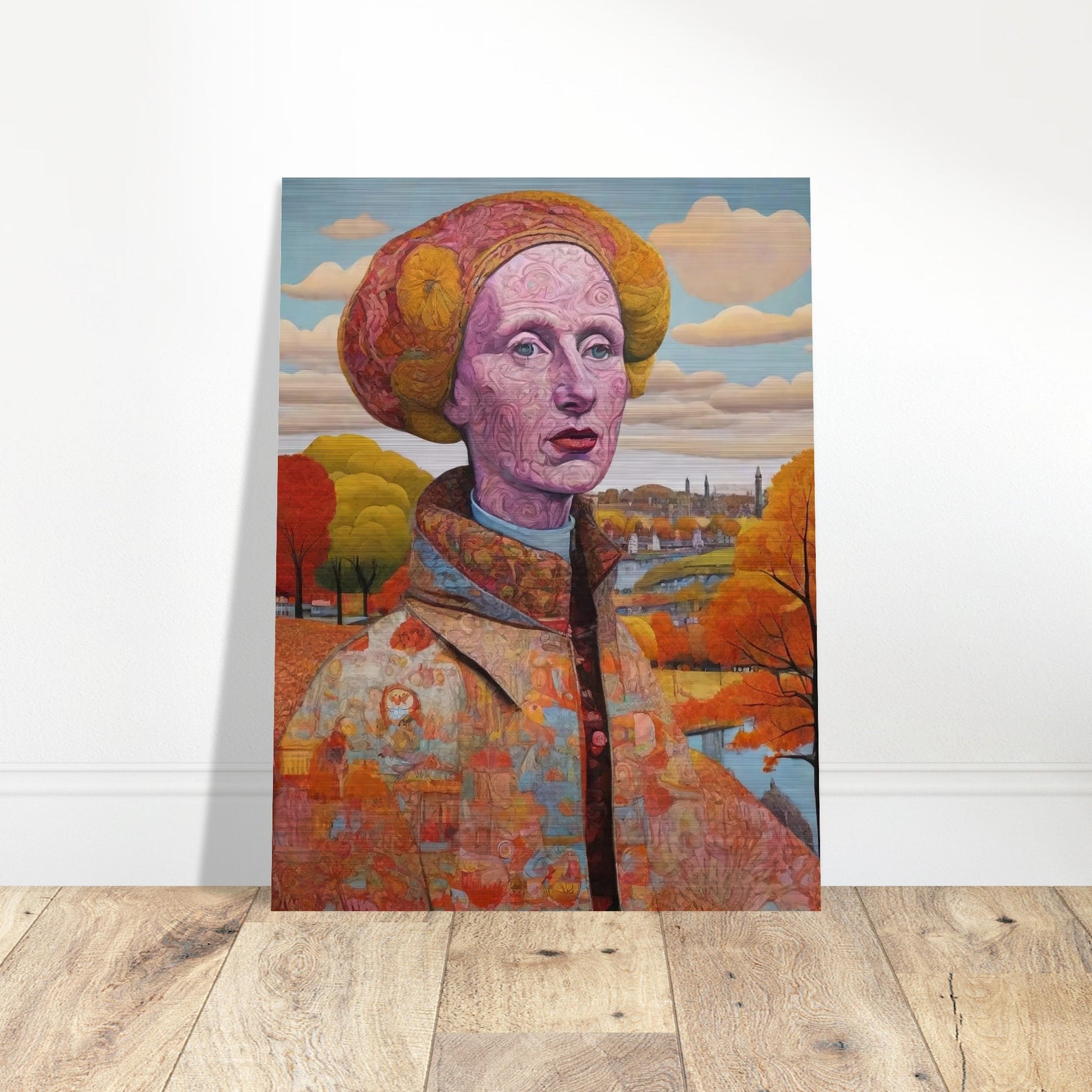 "A striking portrait of a woman with intricate patterns on her face, set against an autumnal landscape with vibrant orange and yellow trees."