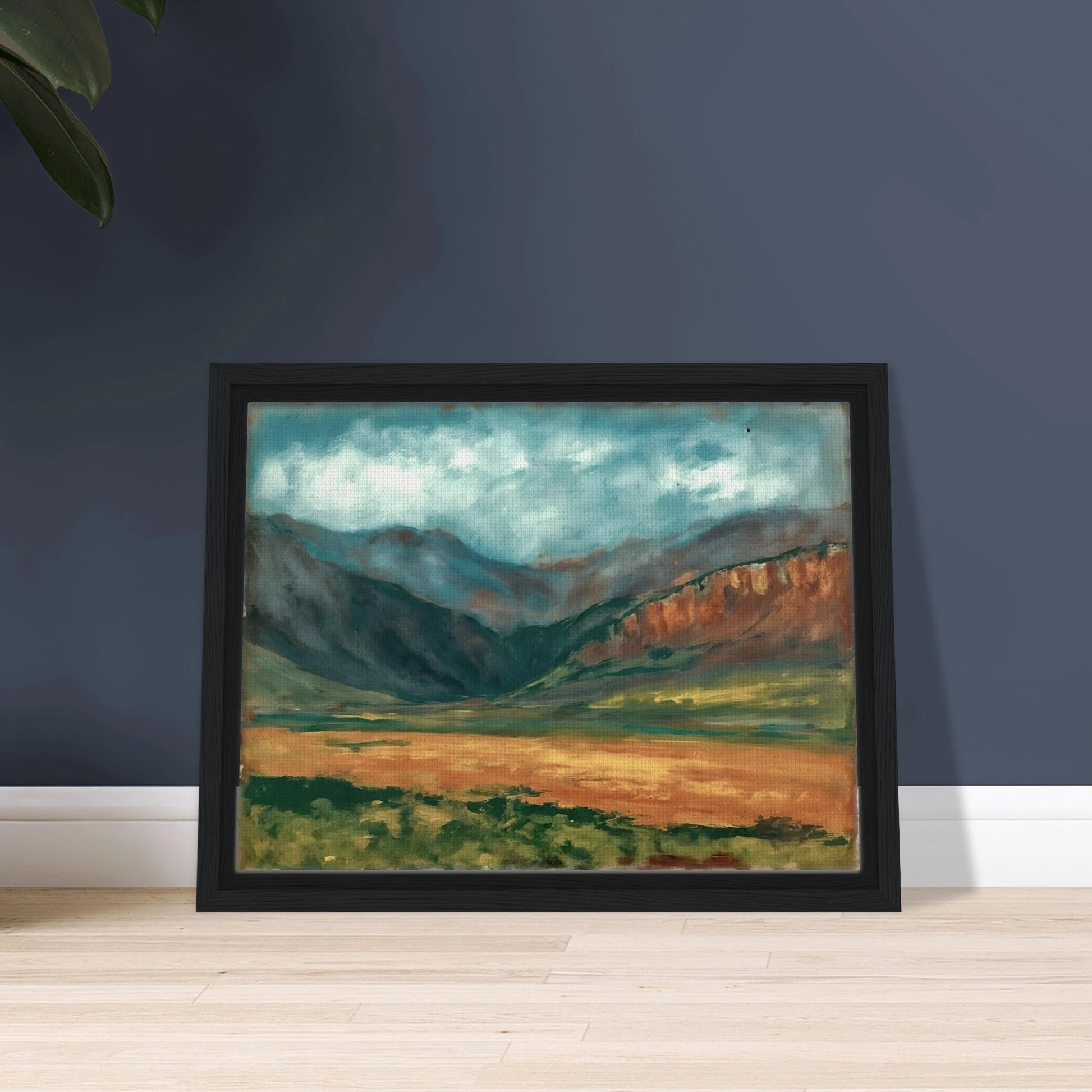 A dramatic landscape painting of a broad mountain valley under a moody blue-green sky, with rugged slopes, sunlit grasslands, and warm ochre cliffs stretching across the horizon.
