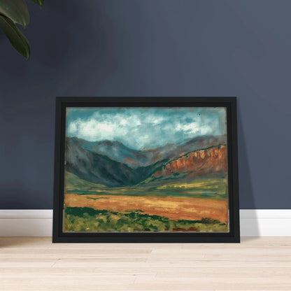 A dramatic landscape painting of a broad mountain valley under a moody blue-green sky, with rugged slopes, sunlit grasslands, and warm ochre cliffs stretching across the horizon.