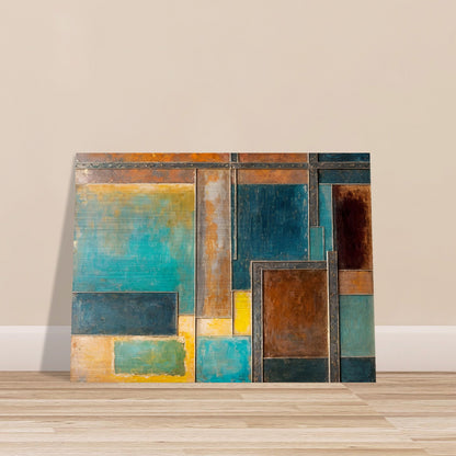 A textured painting featuring geometric metallic panels in earthy browns, deep blues, and golden yellows, evoking an industrial aesthetic.