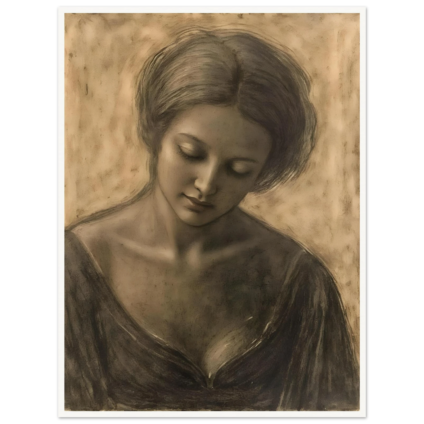 A soft sepia portrait of a contemplative woman with lowered gaze, delicate features, and timeless elegance.