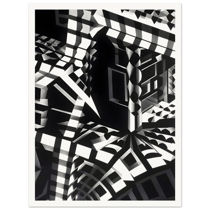 A striking black-and-white geometric composition with sharp angular patterns, distorted perspectives, and abstract architectural elements creating an optical illusion.