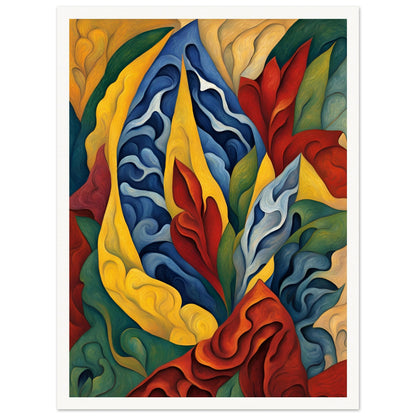 A dynamic, colorful painting featuring swirling organic shapes in red, blue, yellow, and green, evoking the movement of nature.