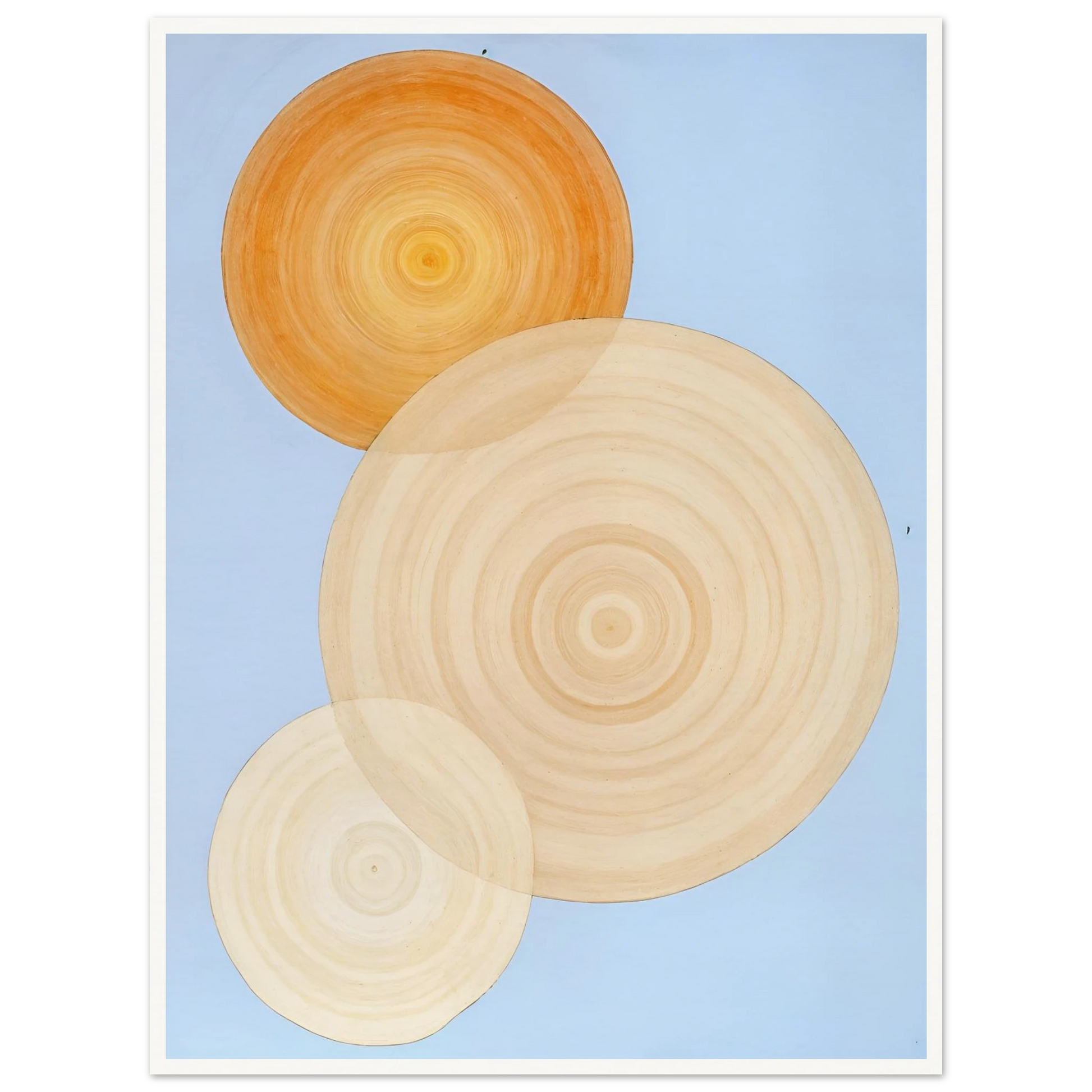 Three overlapping concentric circles in warm orange and beige tones float on a soft blue background like suns in serene orbit.