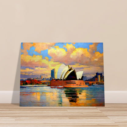 "A vibrant painting of the Sydney Opera House at sunset, with colorful clouds reflecting on the water, capturing the iconic structure and the city's skyline."