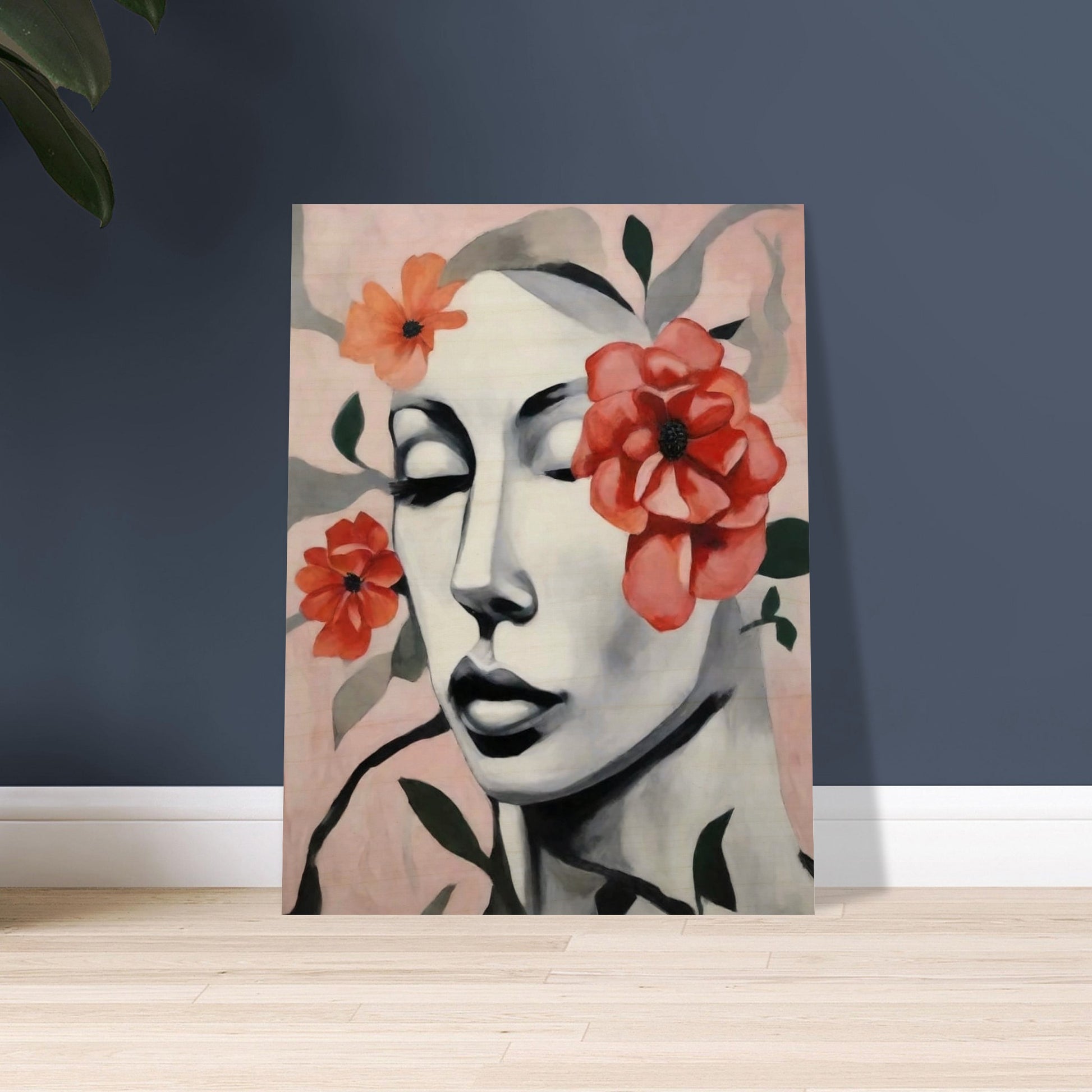 "A delicate portrait of a woman’s face with her eyes closed, surrounded by soft red and orange flowers, blending calm expression with floral beauty."