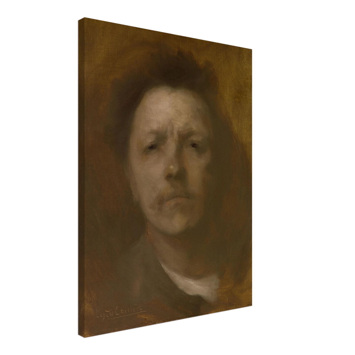Hazy self-portrait of Eugène Carrière emerging from a brown background