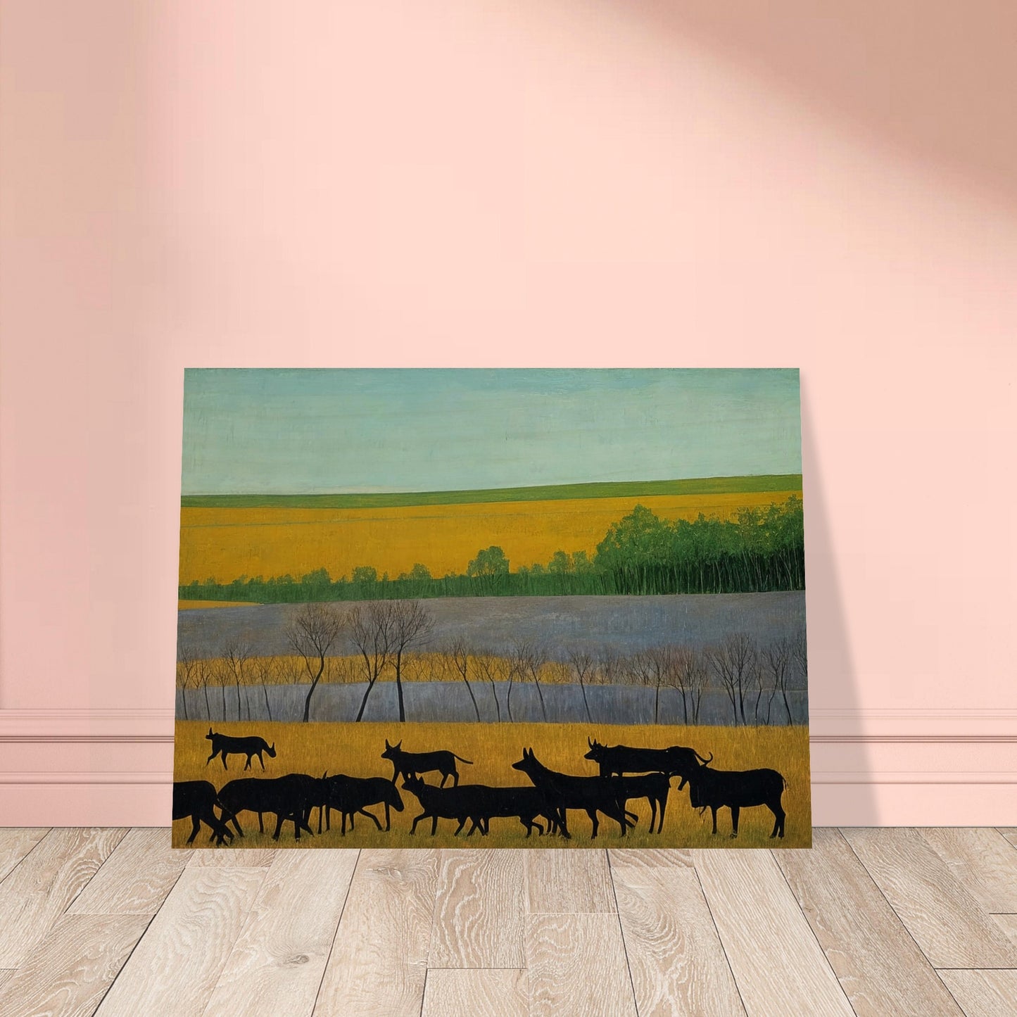 A peaceful scene of black cattle walking across golden fields, with green trees and a clear blue sky in the distance.