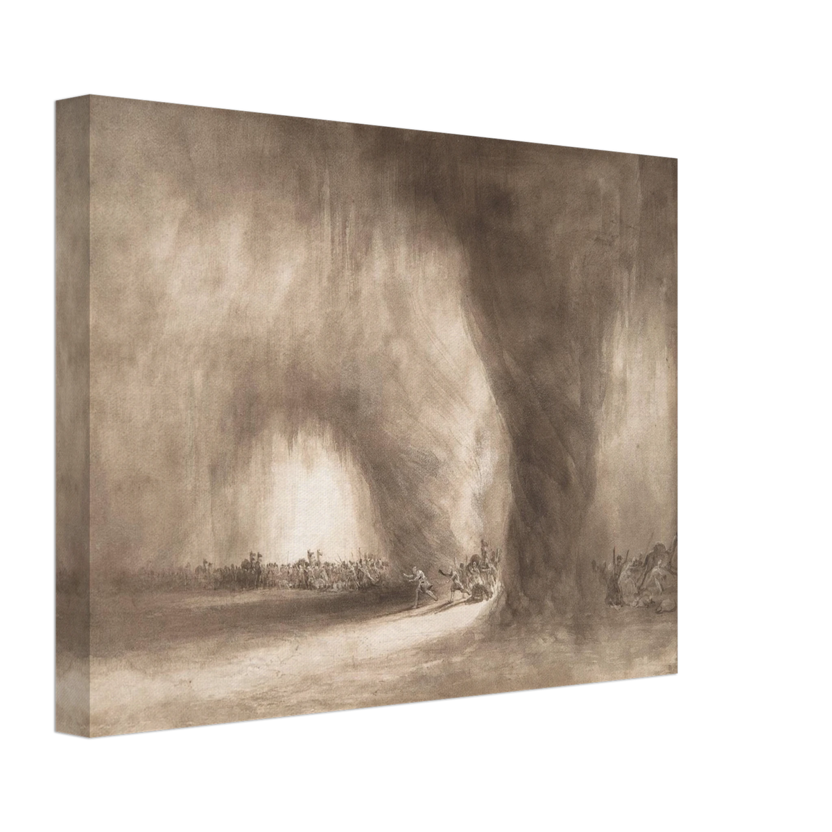 Small figures face a towering storm cloud in a sepia-toned landscape of wind and light.