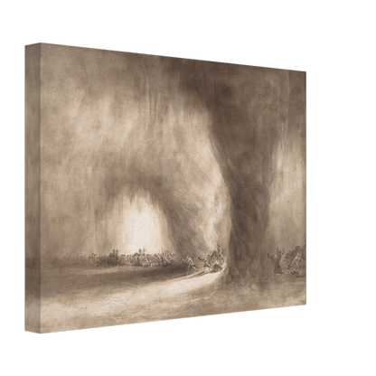 Small figures face a towering storm cloud in a sepia-toned landscape of wind and light.
