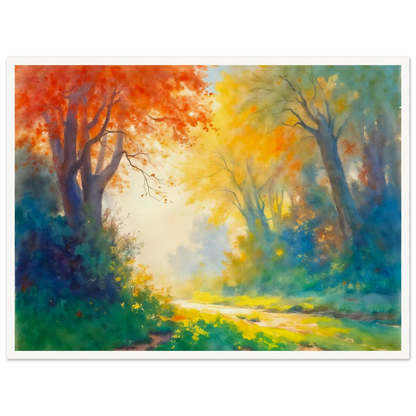 Luminous forest path framed by fiery autumn leaves, golden sunlight, and misty blue-green woods in a vibrant dreamlike landscape.